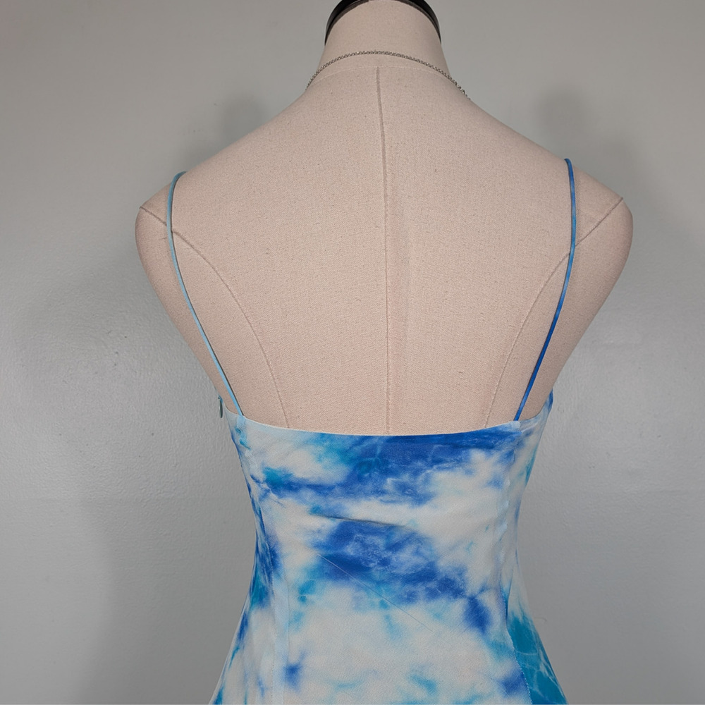 Vintage Cache Silk Prom Dress Maxi Gown 2 Blue Tie Dye Y2K Fairy Babydoll Nymph - Picture 4 of 13